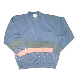 Vintage 80s 62 East Colorblock Long Sleeve Shirt Mock Neck Blue Pink Size L